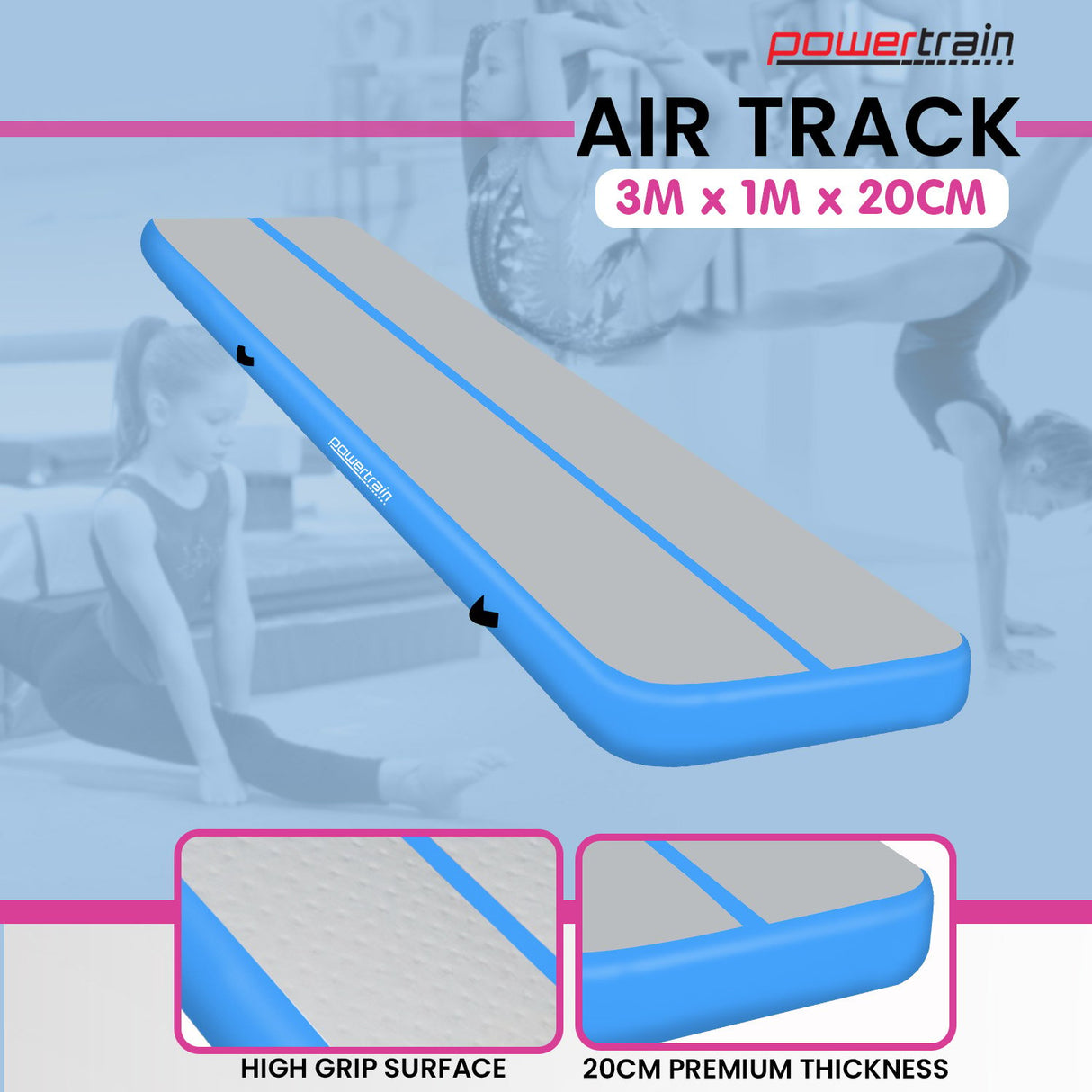 Powertrain 3m x 1m Air Track Inflatable Gymnastics Mat - Blue