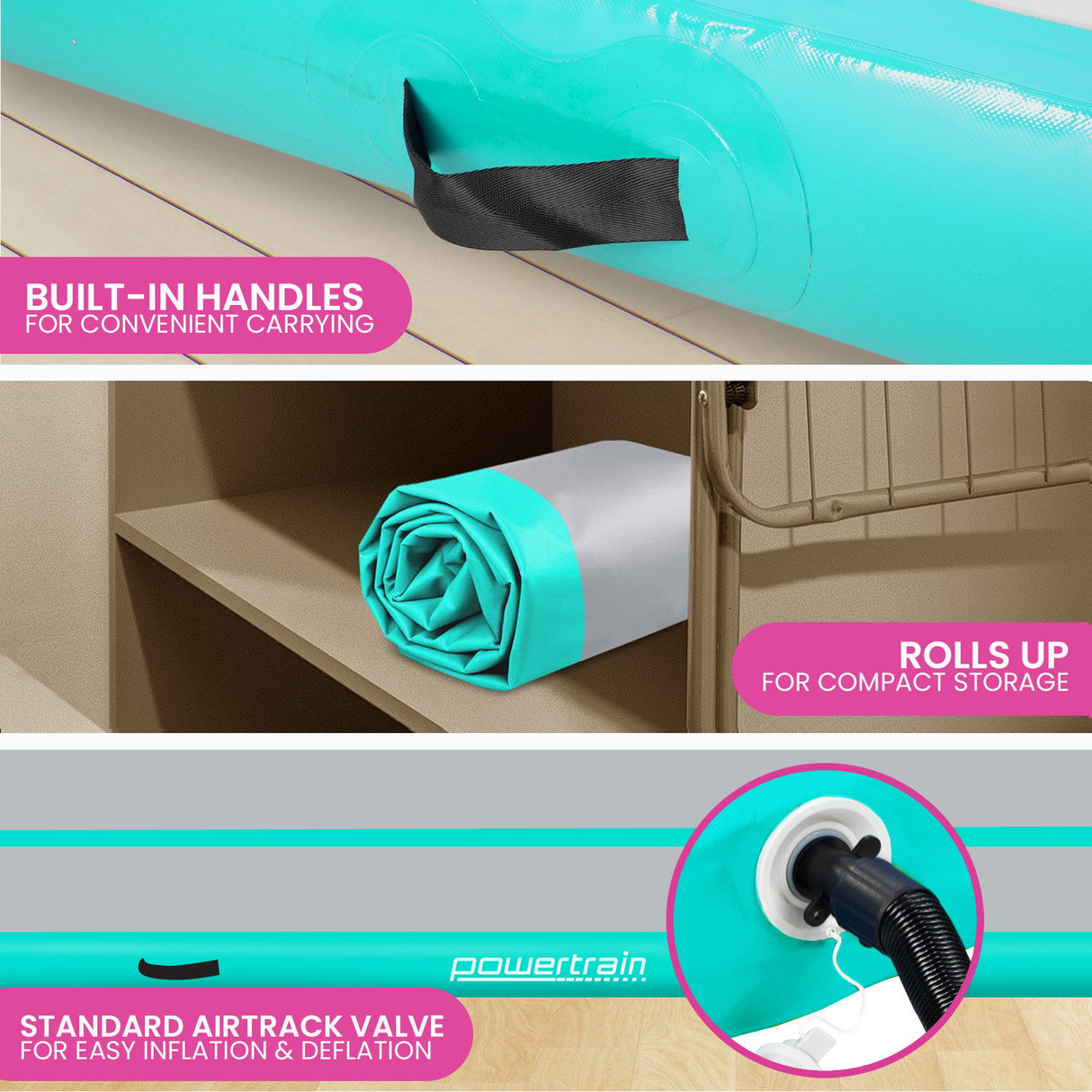 Powertrain 3m x 1m Air Track Inflatable Gymnastics Mat - Green