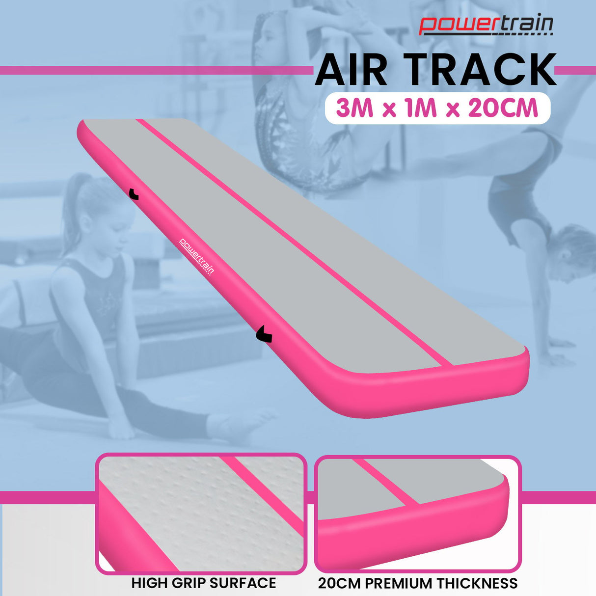 Powertrain 3m x 1m Air Track Inflatable Gymnastics Mat - Pink