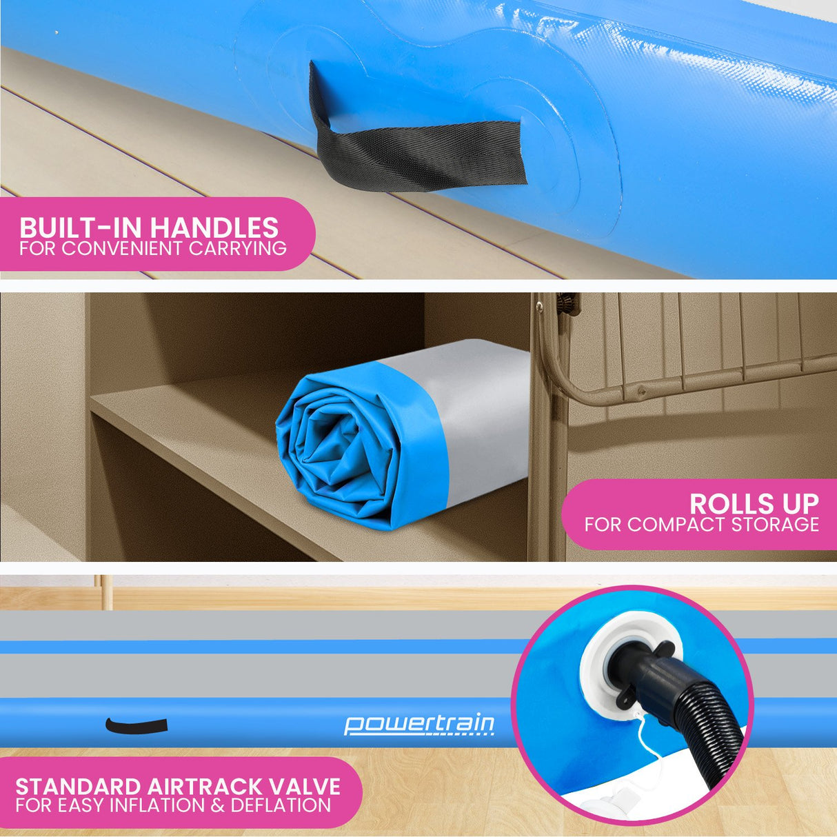 Powertrain 4m x 1m Air Track Inflatable Gymnastics Mat - Blue