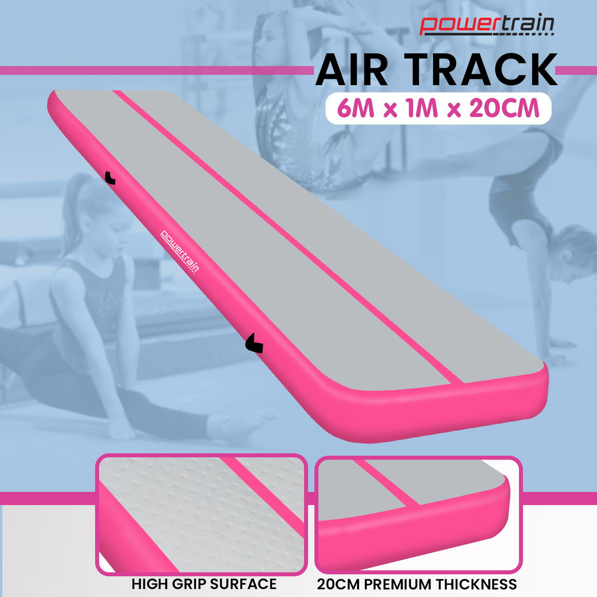 Powertrain 6m x 1m x 20cm Air Track Inflatable Gymnastics Mat - Pink