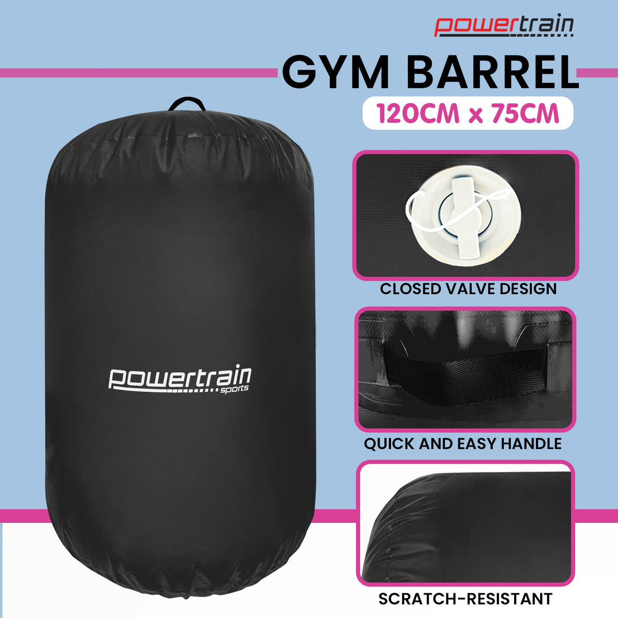 Powertrain Inflatable Air Barrel Exercise Roller 120cm x 75cm - Black