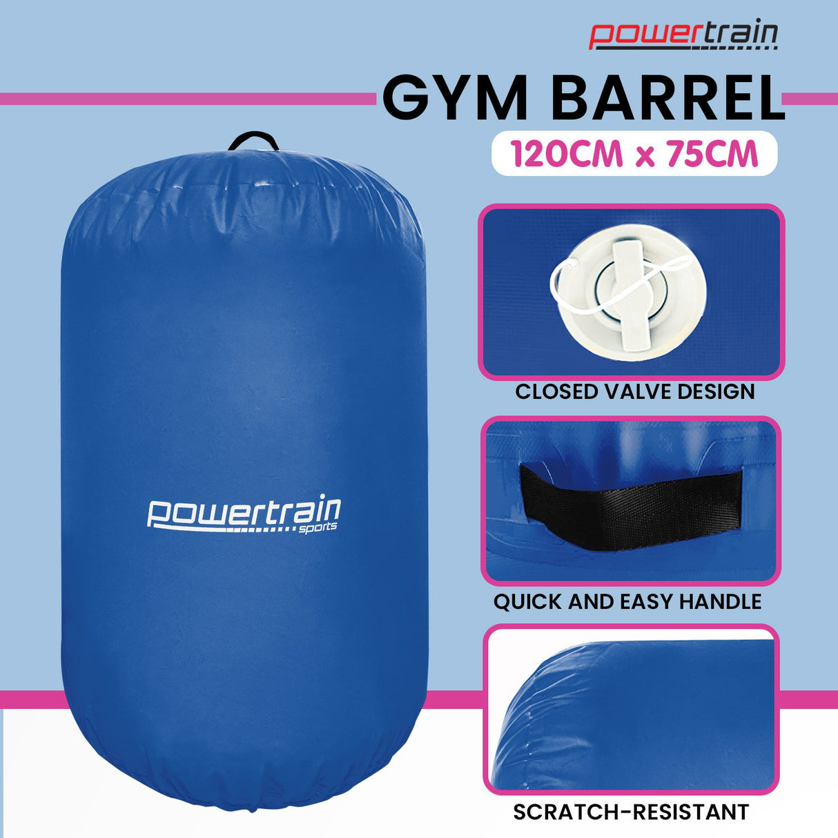 Powertrain Inflatable Air Barrel Exercise Roller 120cm x 75cm - Blue