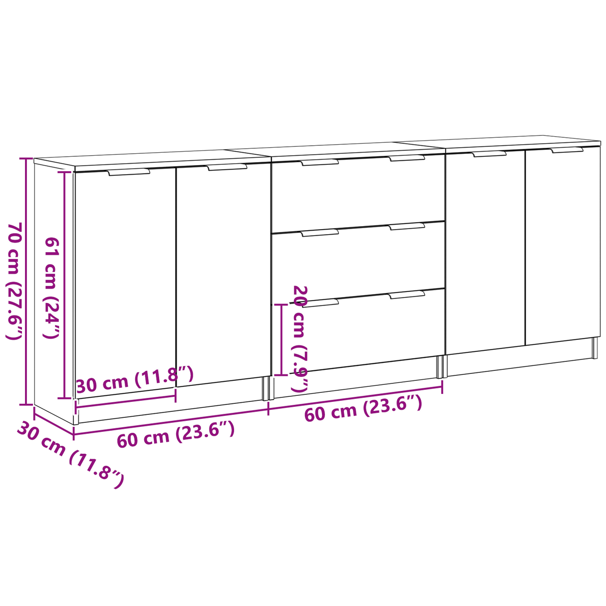 Sideboard 3 pcs Black Oak 180 x 30 x 70 cm Engineered Wood