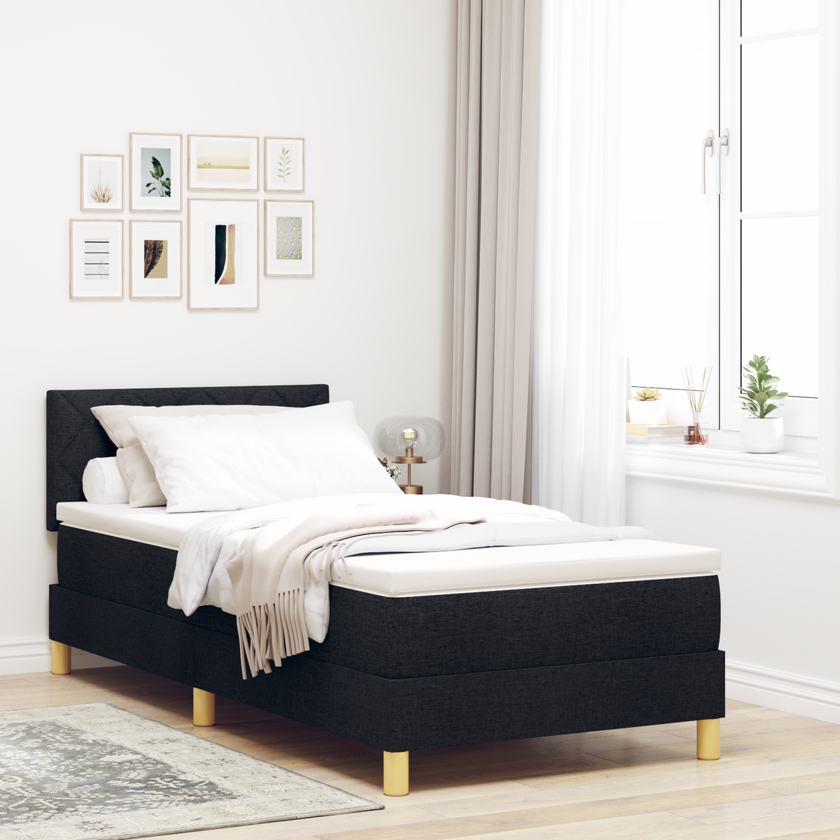 Box Spring Bed Black and White 107 x 203 cm Fabric