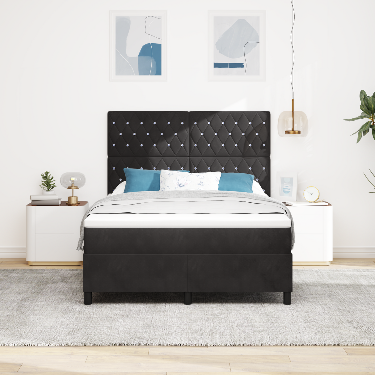 Box Spring Bed Black and White 152 x 203 cm Velvet