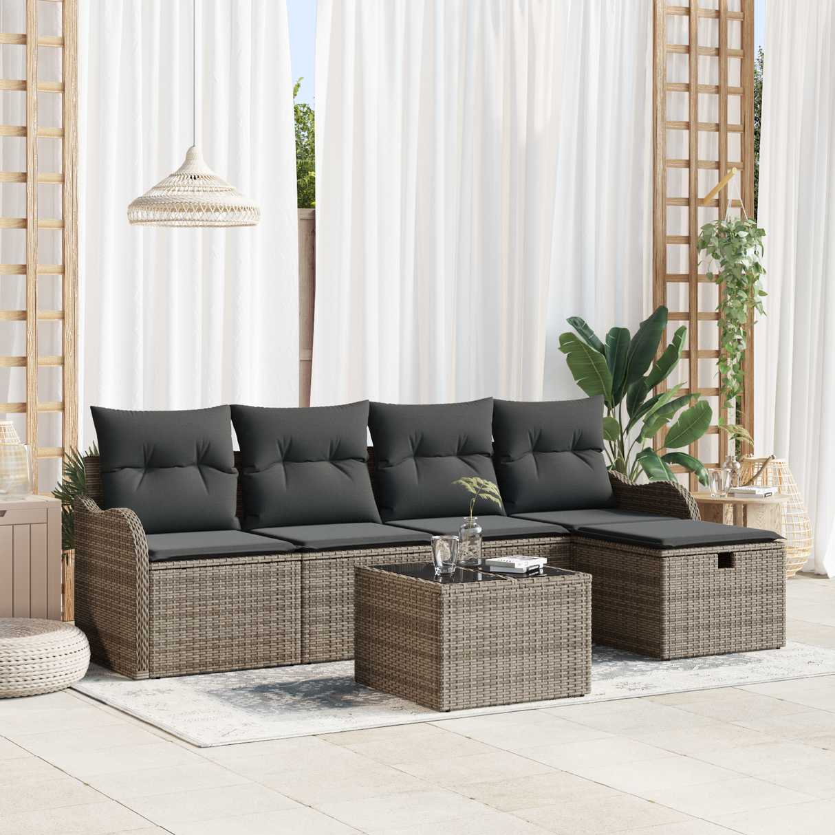 Garden Sofa Set with Cushion 6 pcs Grey Poly Rattan