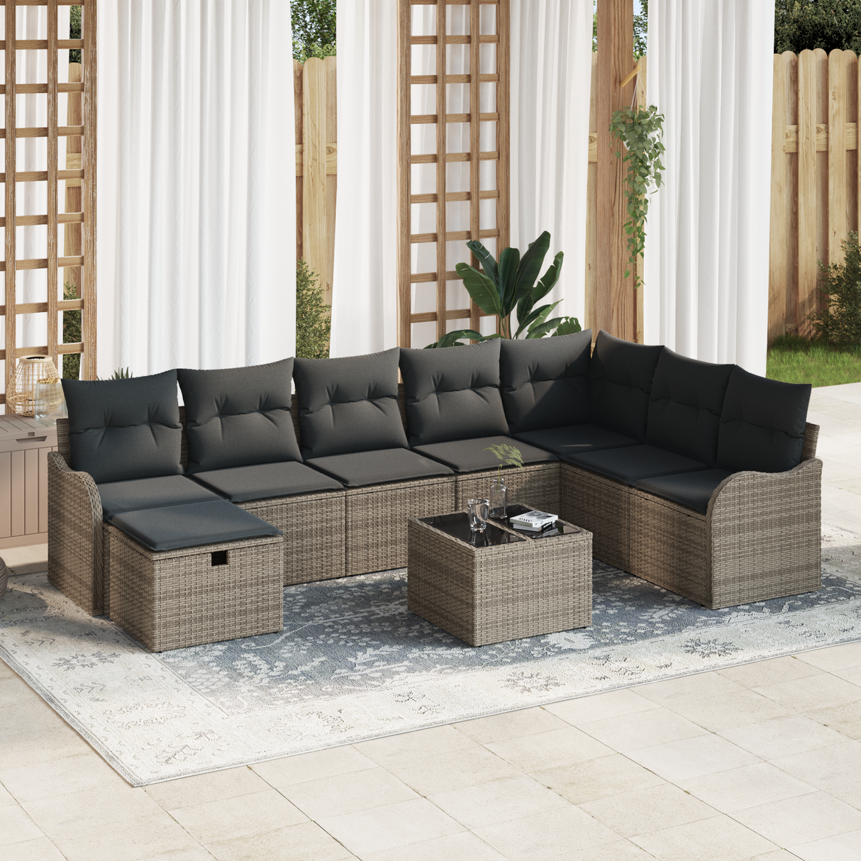 Sofa Set with Cushion with Storage 9 pcs Grey Poly Rattan