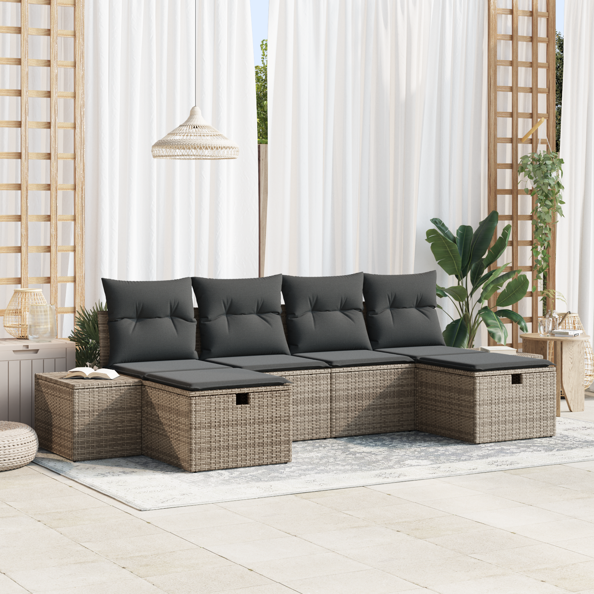 Garden Sofa Set with Cushion 6 pcs Grey Poly Rattan