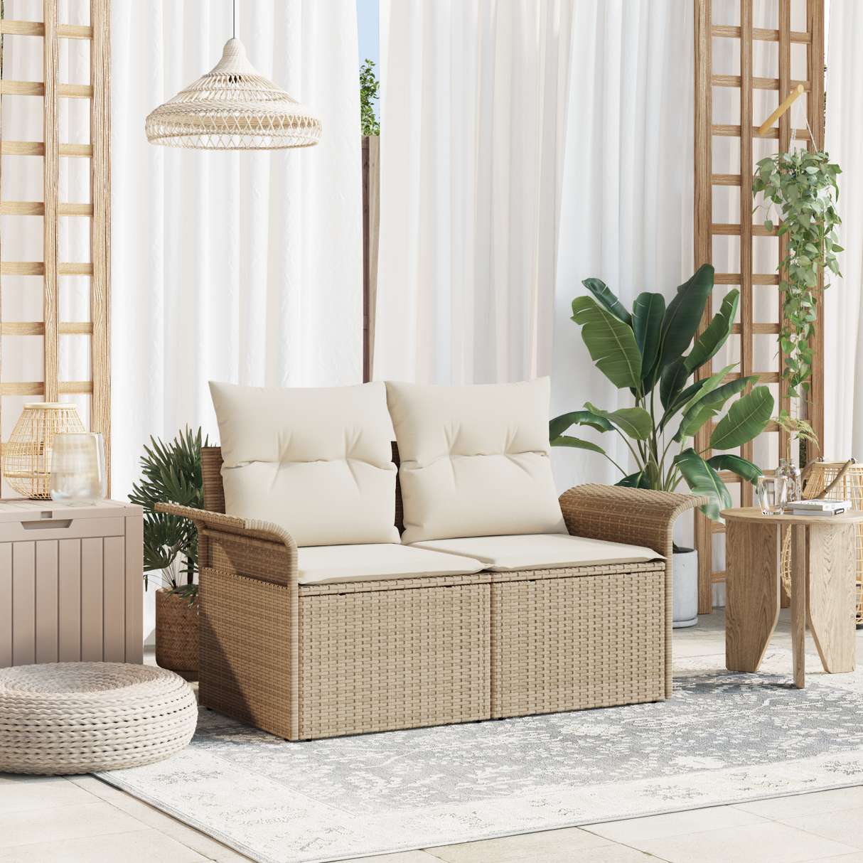 Garden Sofa with Cushion Beige 141 x 62 x 69 cm Poly Rattan