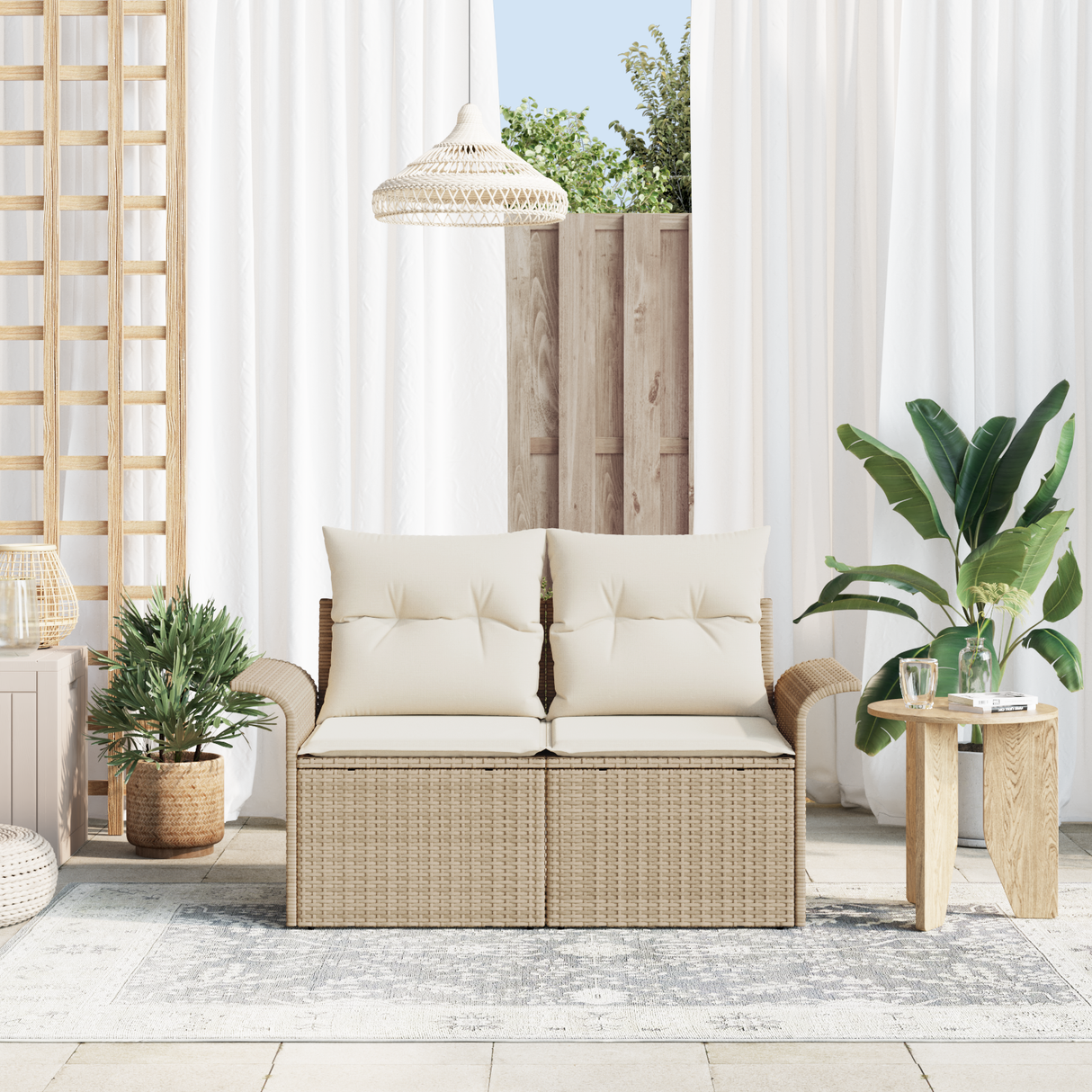 Garden Sofa with Cushion Beige 141 x 62 x 69 cm Poly Rattan