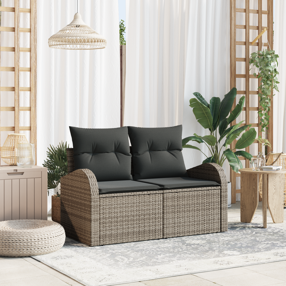 Garden Sofa with Cushion Grey 124 x 62 x 69cm Poly Rattan