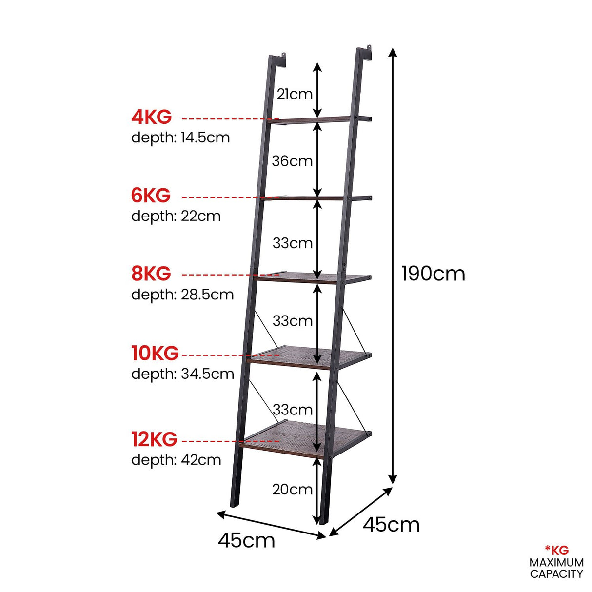 Sarantino Amelia 5-Tier Ladder Shelf in Walnut