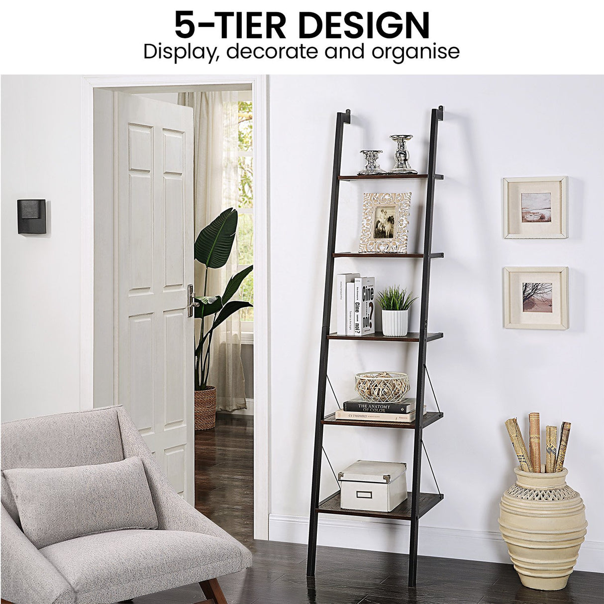 Sarantino Amelia 5-Tier Ladder Shelf in Walnut