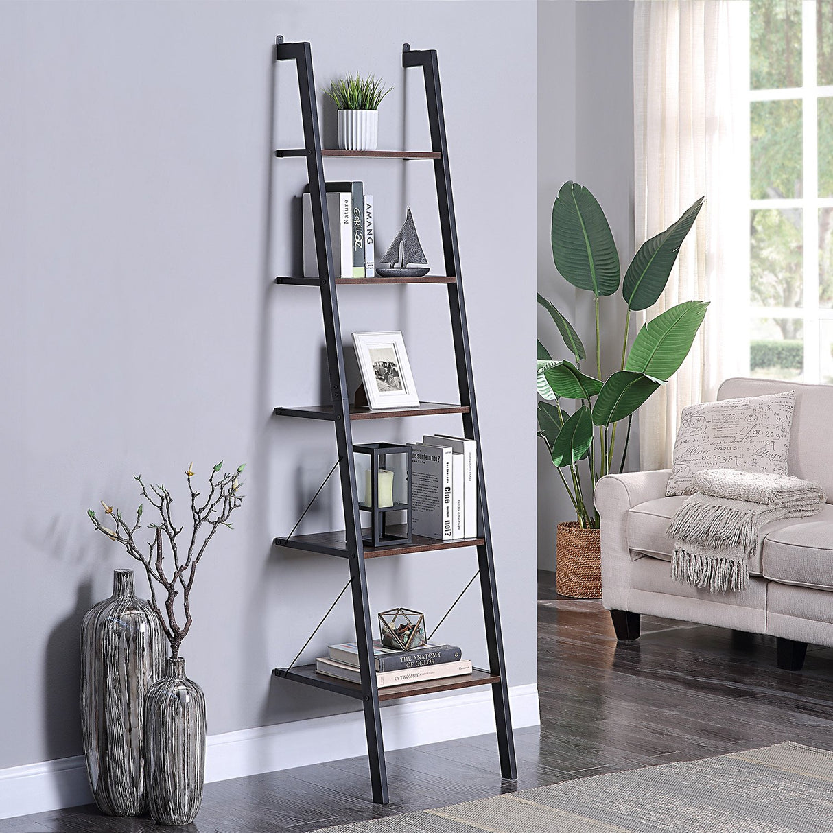 Sarantino Amelia 5-Tier Ladder Shelf in Walnut
