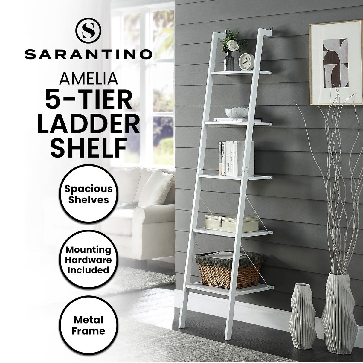 Sarantino Amelia 5-Tier Ladder Shelf in White