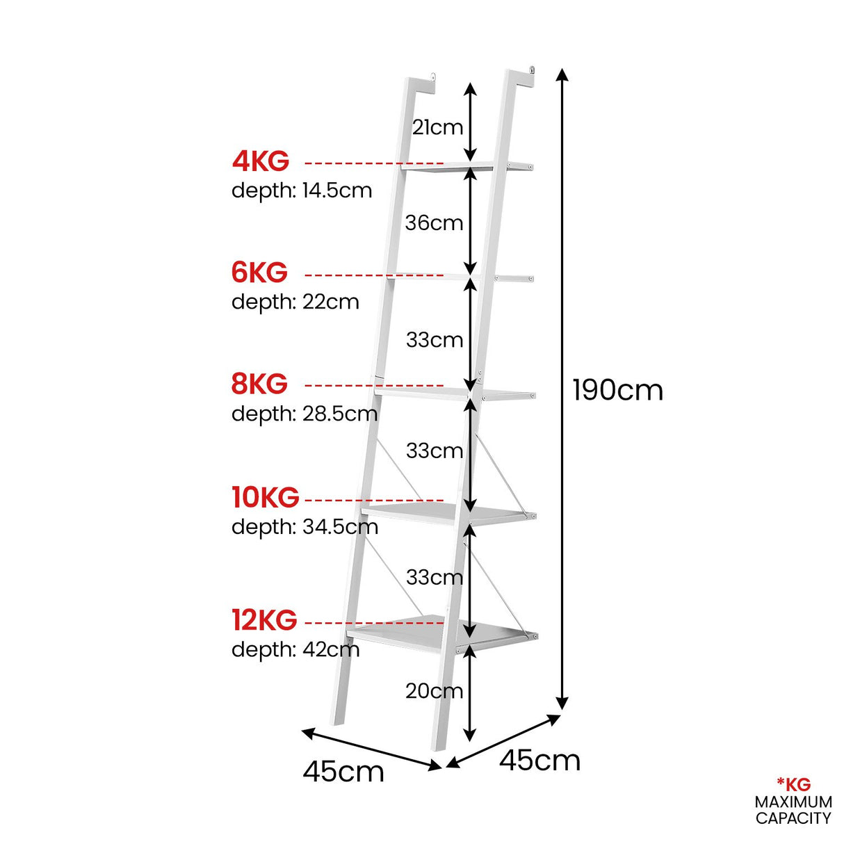Sarantino Amelia 5-Tier Ladder Shelf in White