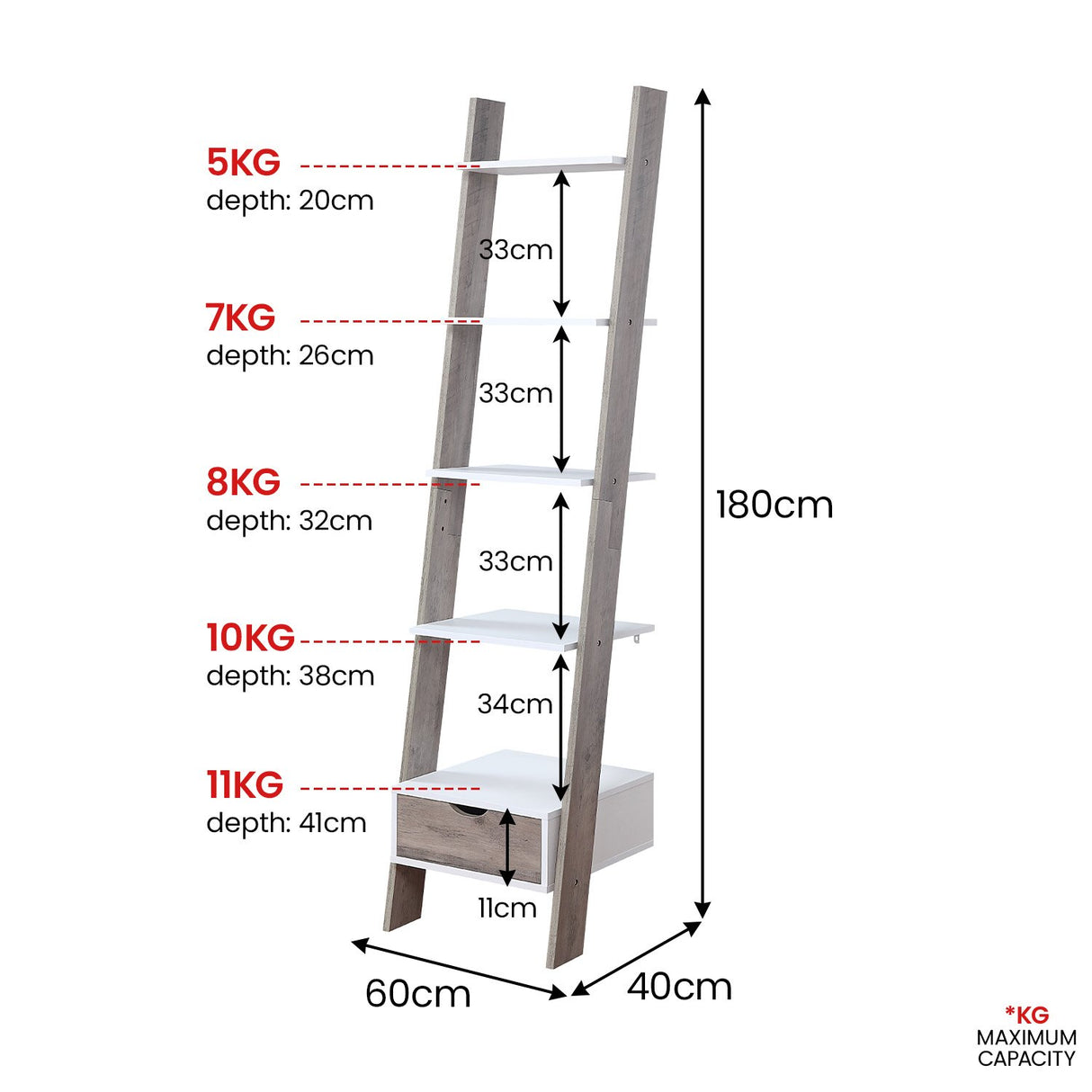 Sarantino Mira 5-Tier Ladder Shelf in White and Grey Oak