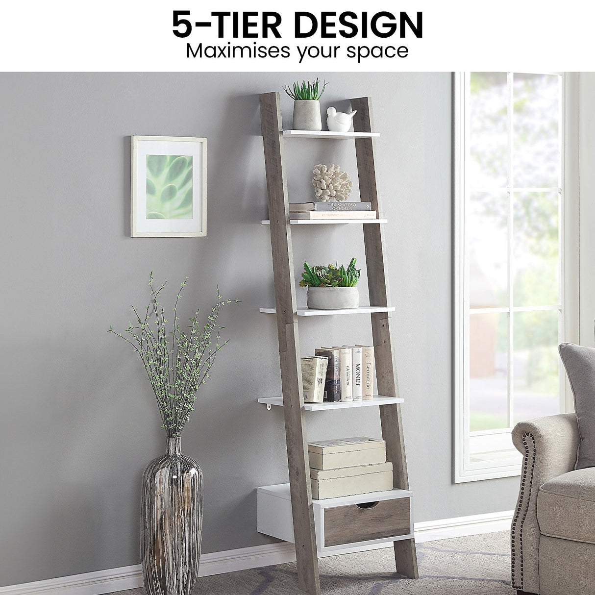 Sarantino Mira 5-Tier Ladder Shelf in White and Grey Oak