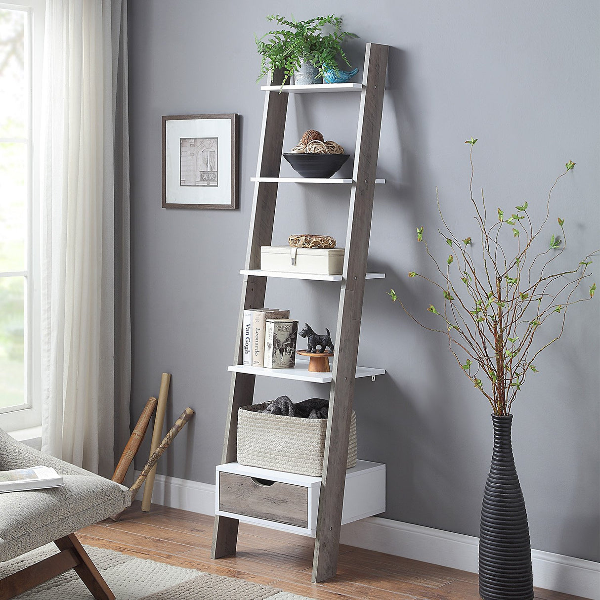 Sarantino Mira 5-Tier Ladder Shelf in White and Grey Oak
