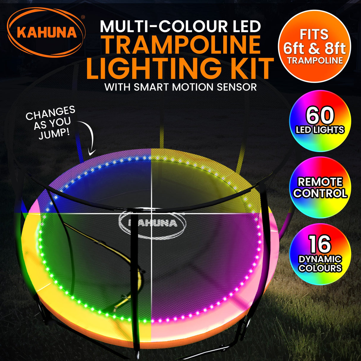 Kahuna LED Kit Suits 6ft-8ft Trampolines Multi-Colour Smart Motion Sensor Lighting with 16 colo