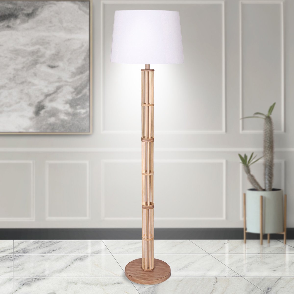 Sarantino Rattan Floor Lamp With Off-White Linen Shade