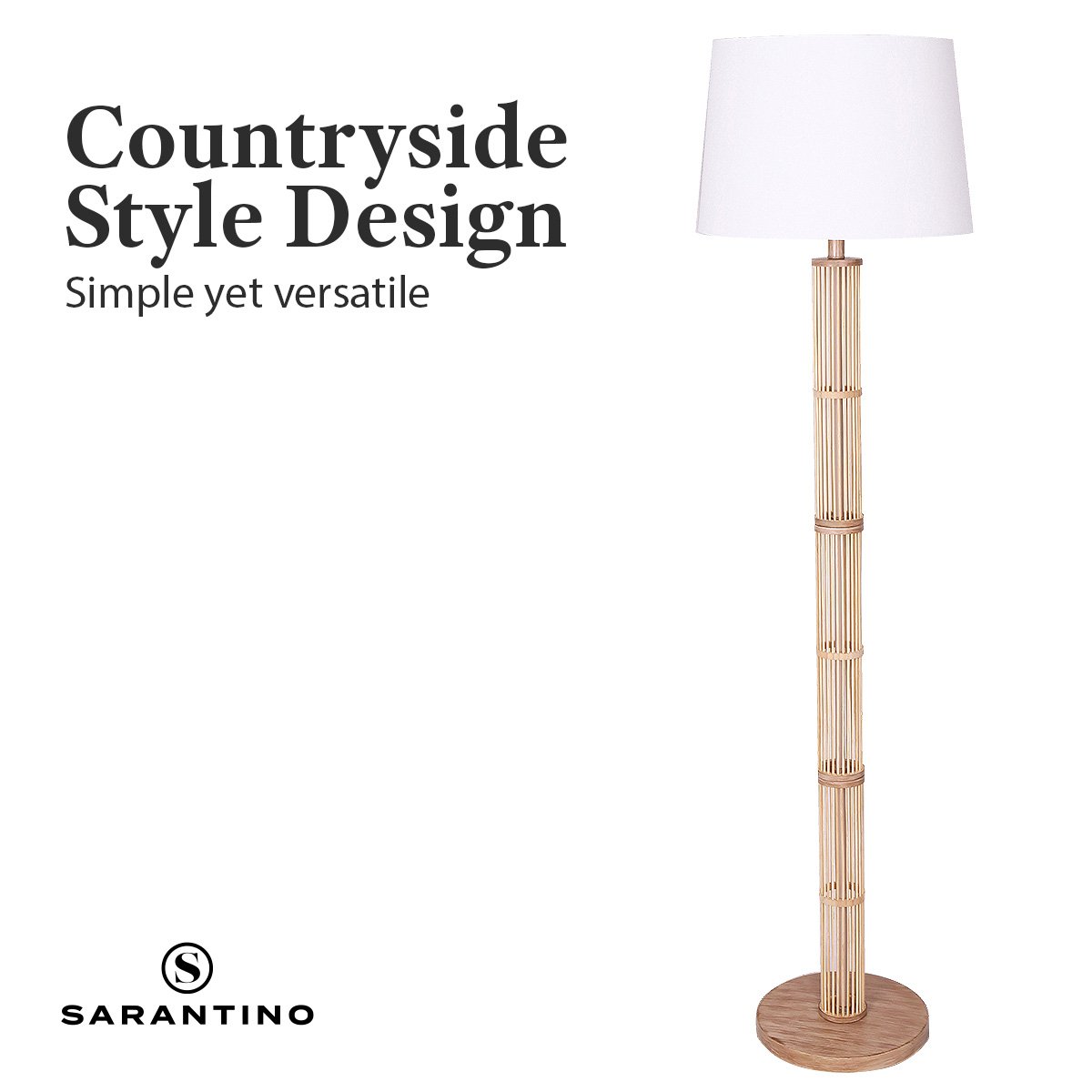 Sarantino Rattan Floor Lamp With Off-White Linen Shade