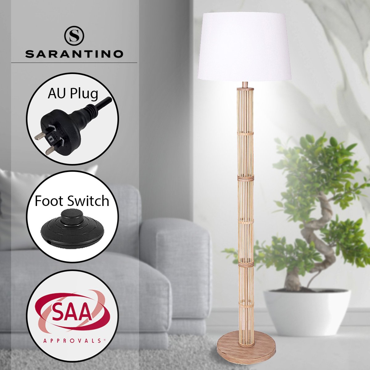 Sarantino Rattan Floor Lamp With Off-White Linen Shade