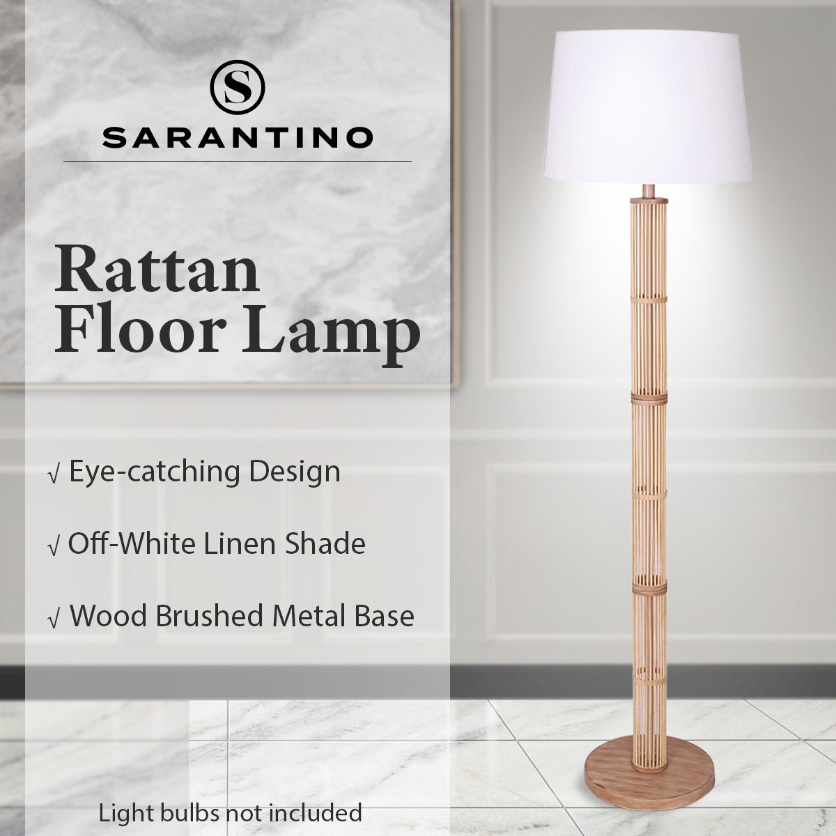 Sarantino Rattan Floor Lamp With Off-White Linen Shade