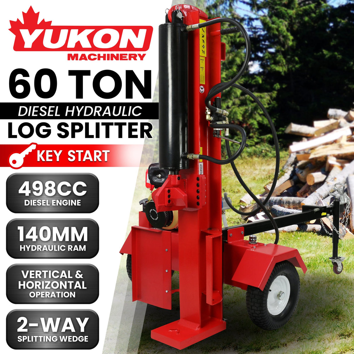 Yukon 60 Tonne Log Splitter Key Start Diesel Hydraulic 498cc Vertical and Horizontal