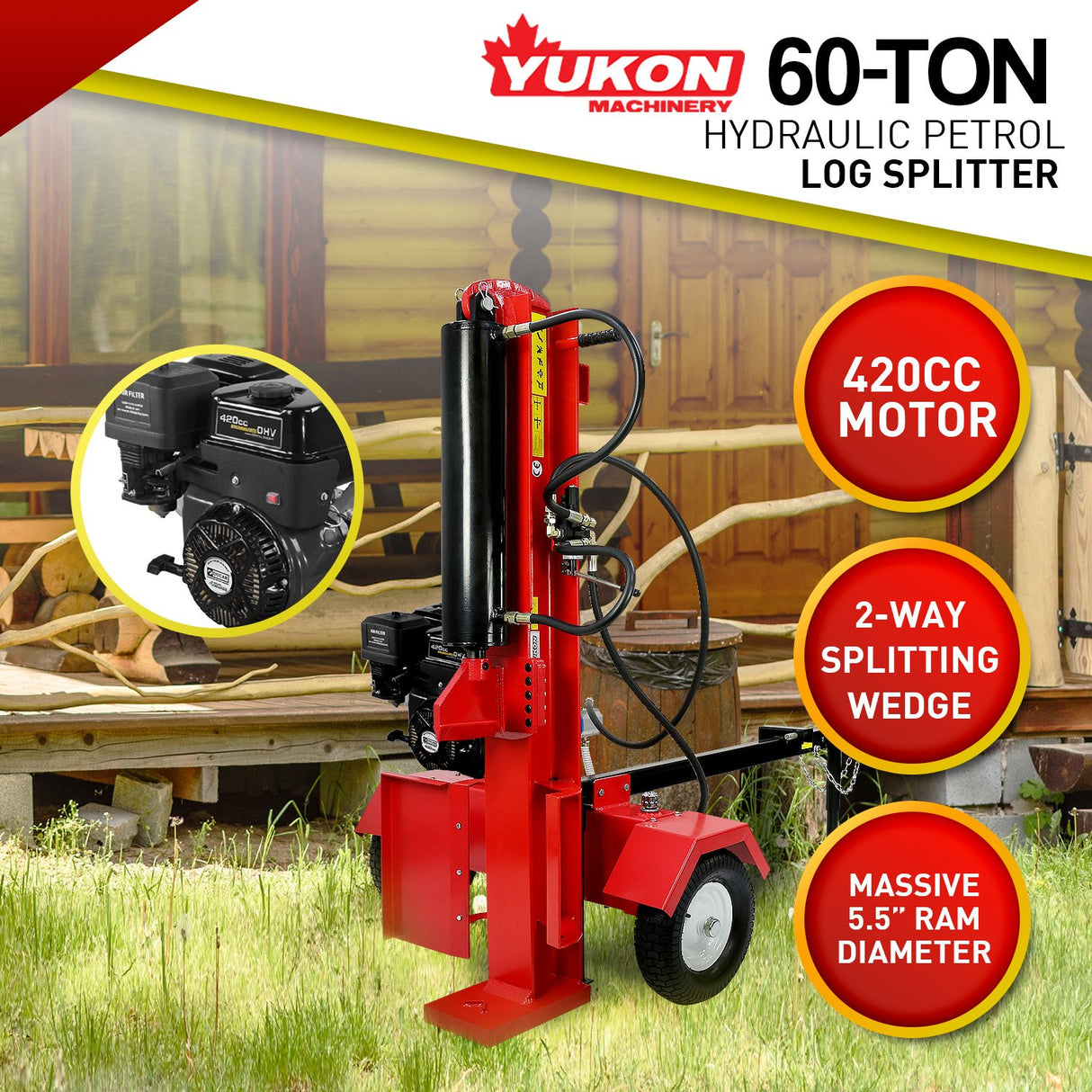 Yukon 60 Tonne Petrol Hydraulic Log Splitter 420cc Vertical and Horizontal