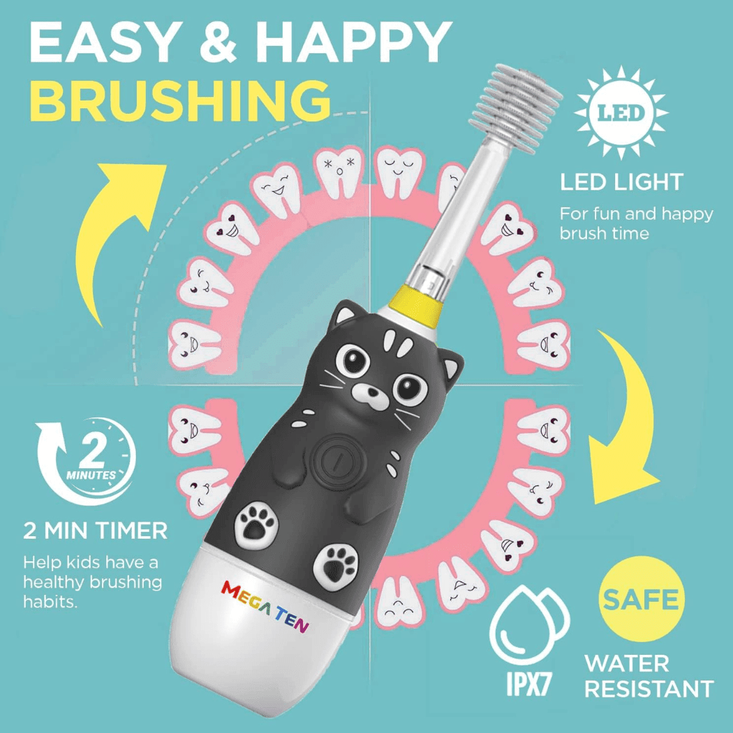 MEGA TEN 360-Degree Kids Electric Toothbrush with LED Light 4Yrs+ Black Cat-2006733475843018756