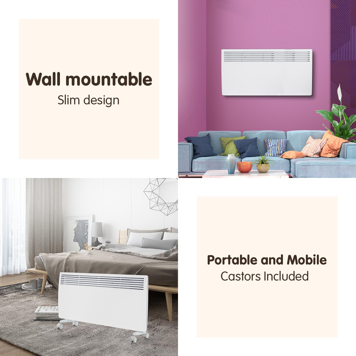 Levante NDM-24WT 2400W Electric Panel Heater Wifi Thermostat Castors