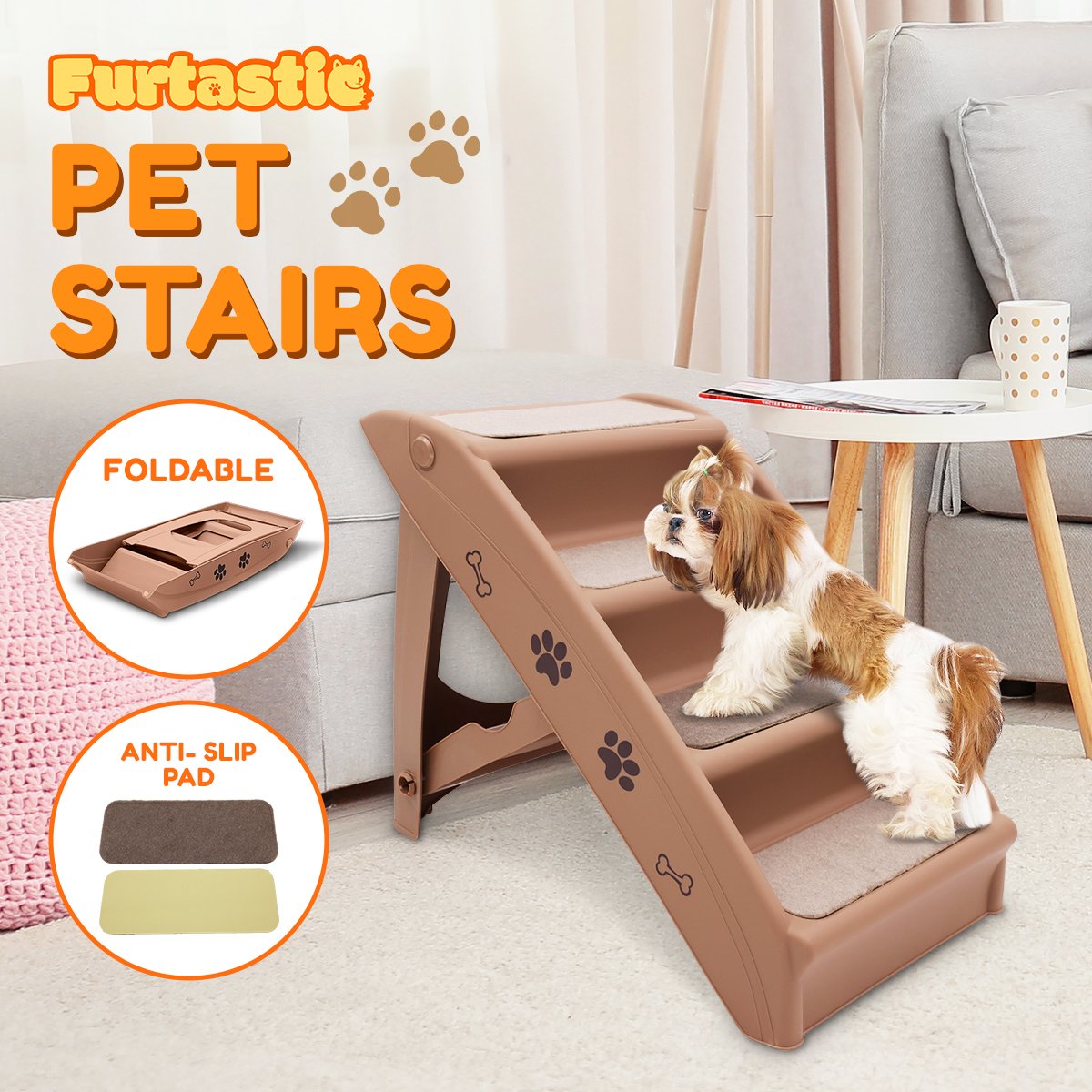 Furtastic Foldable Pet Stairs 50cm Dog Ladder Cat Ramp with Non-Slip Mat for Indoor Outdoor