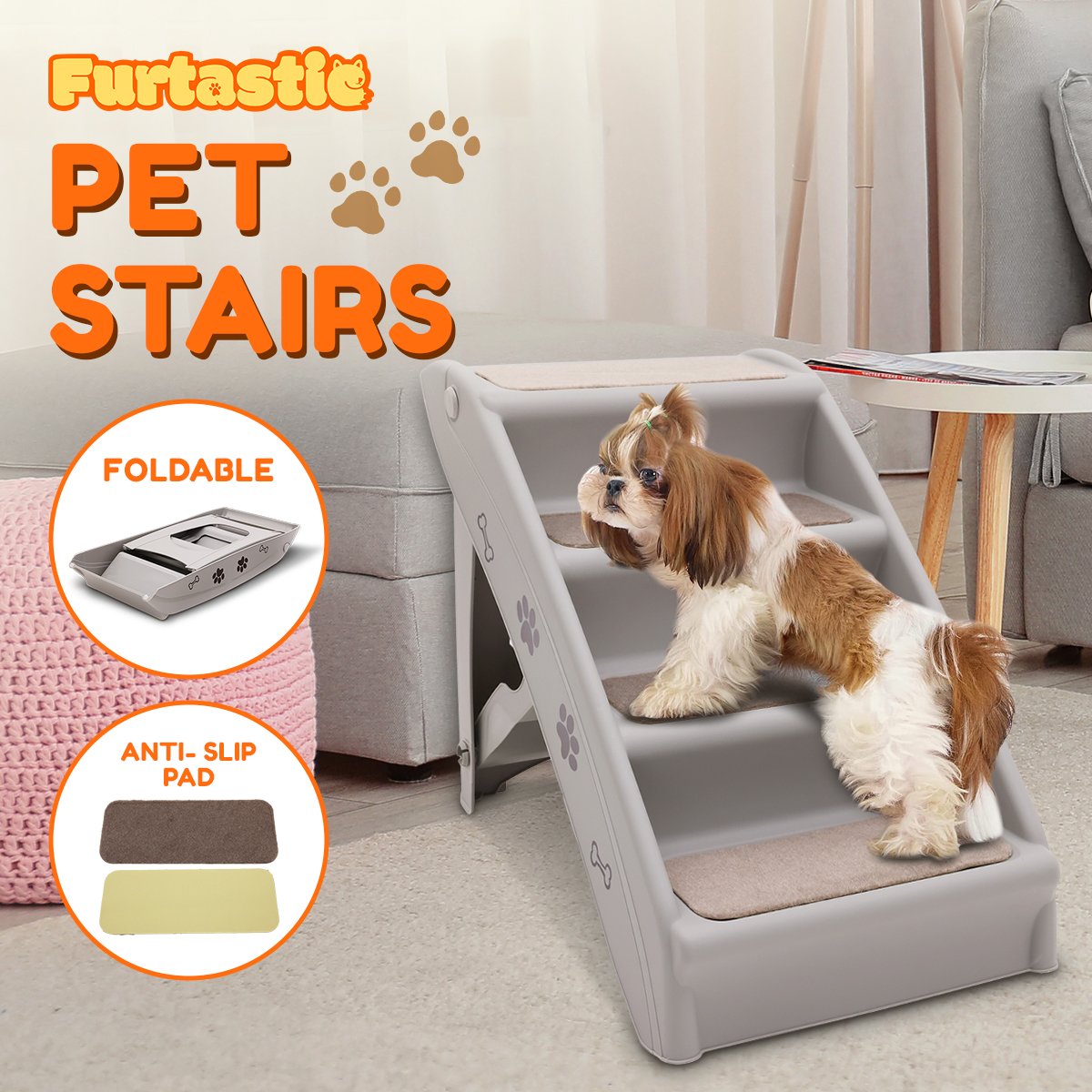 Furtastic Foldable Pet Stairs 50cm Dog Ladder Cat Ramp with Non-Slip Mat for Indoor and Outdoor