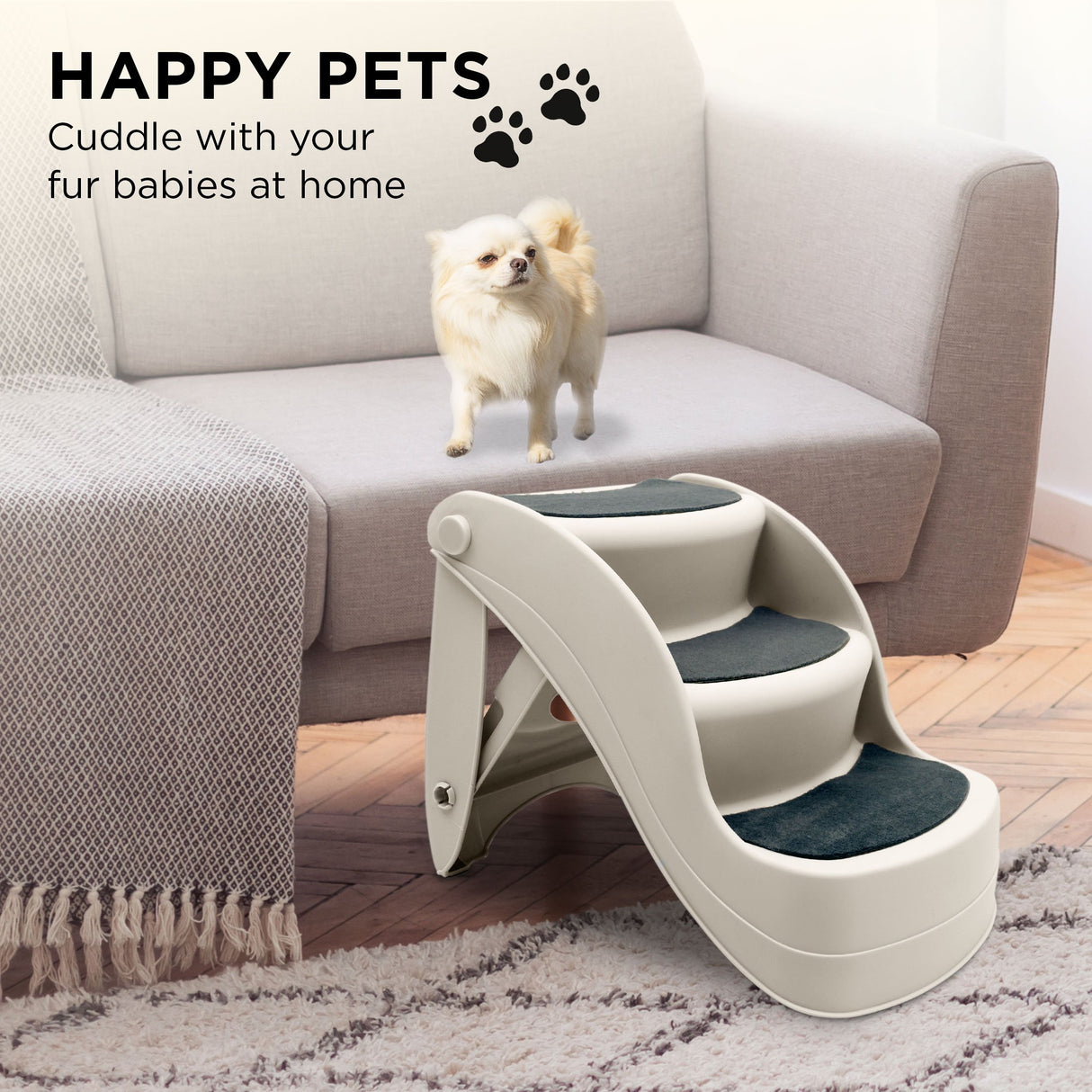 Furtastic 38cm Foldable Dog Cat Pet Stairs Ramp - White