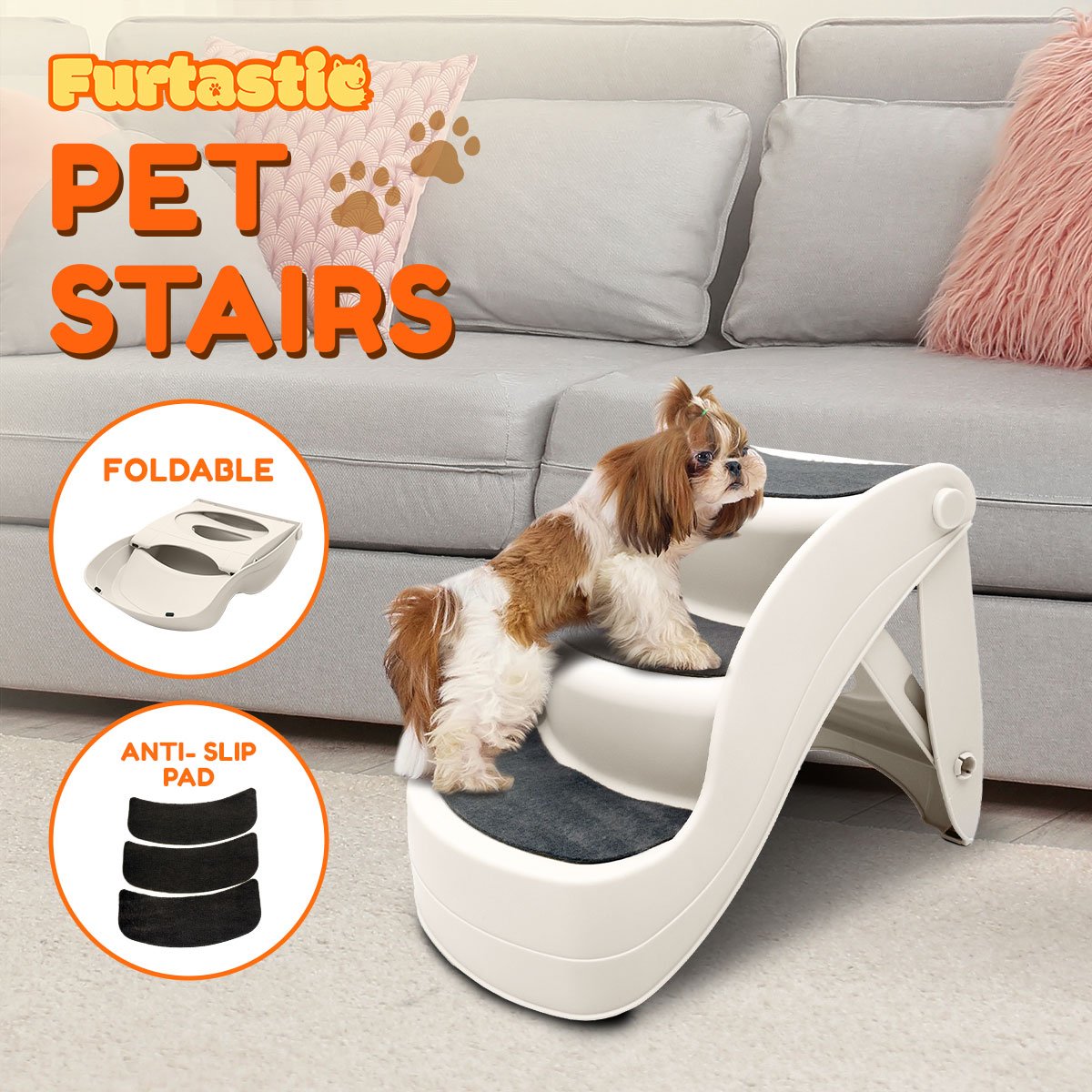 Furtastic 38cm Foldable Dog Cat Pet Stairs Ramp - White
