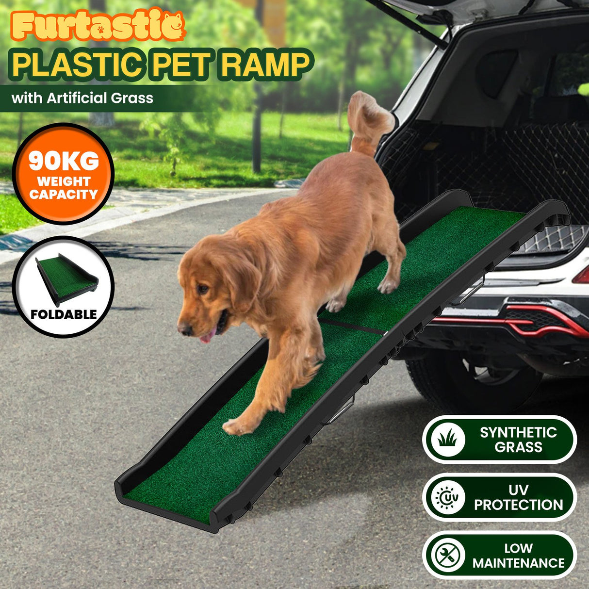 Furtastic Foldable Plastic Dog Ramp with Synthetic Grass