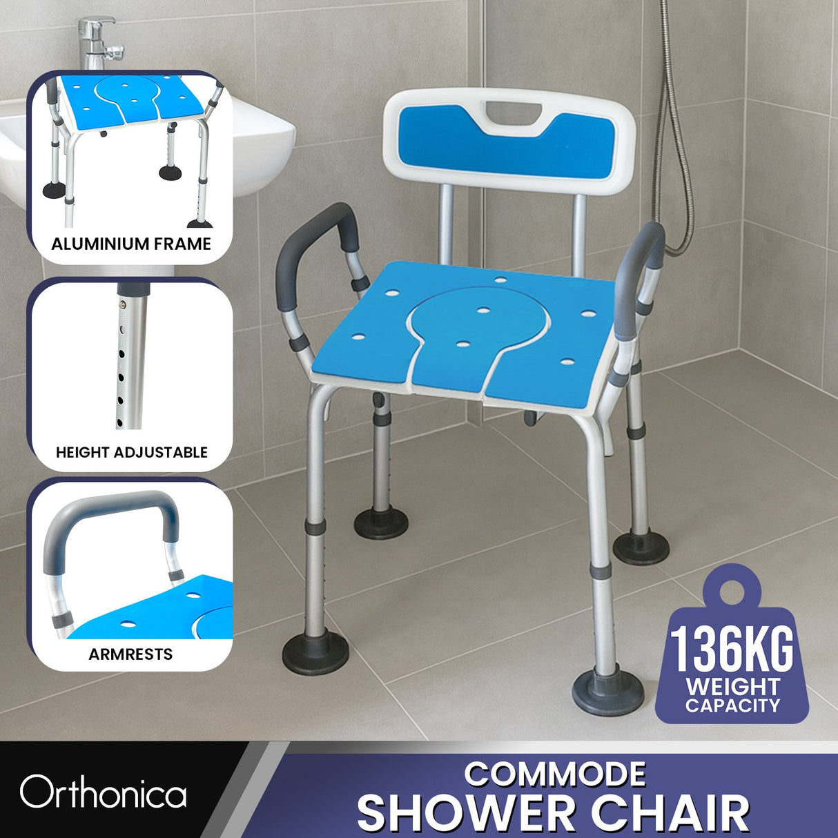 Orthonica Height-Adjustable Aluminium Commode Shower Chair with Armrests Backrest Armrests Soft