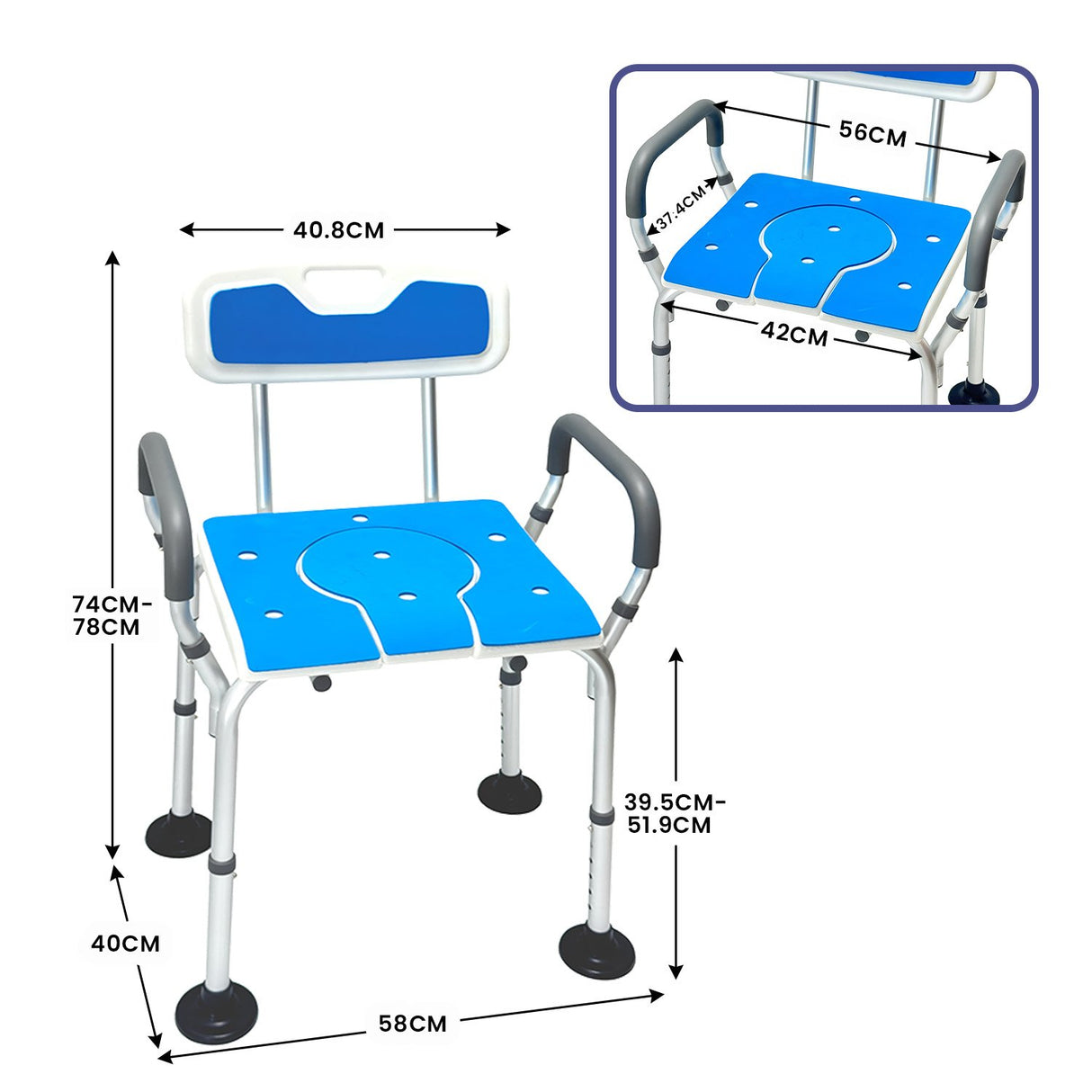 Orthonica Height-Adjustable Aluminium Commode Shower Chair with Armrests Backrest Armrests Soft