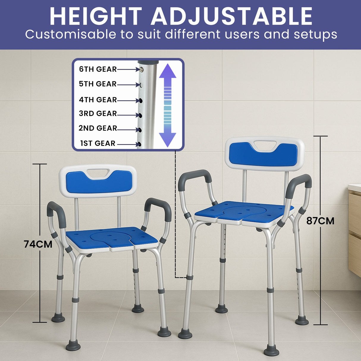 Orthonica Height-Adjustable Aluminium Commode Shower Chair with Armrests Backrest Armrests Soft