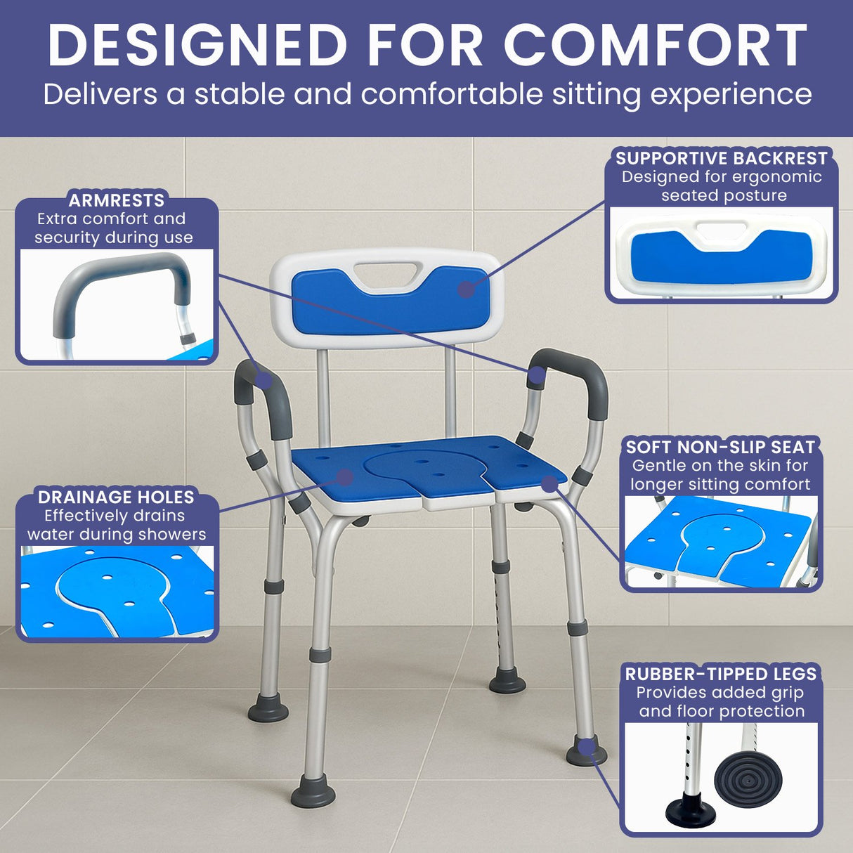Orthonica Height-Adjustable Aluminium Commode Shower Chair with Armrests Backrest Armrests Soft