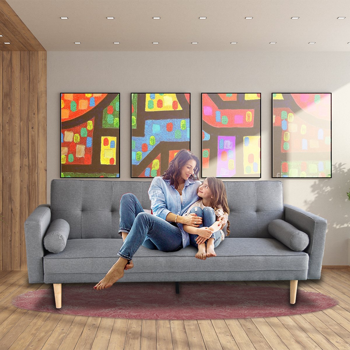 Sarantino 3 Seater Linen Sofa Bed Couch with Pillows - Light Grey