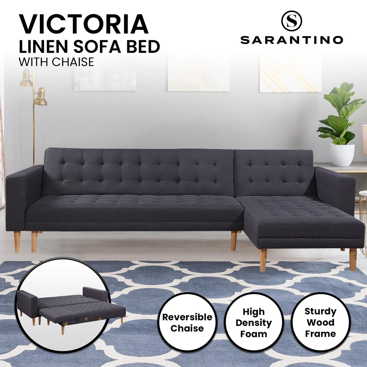 Sarantino Linen Fabric Corner Sofa Bed Couch Lounge w/ Chaise D.Grey