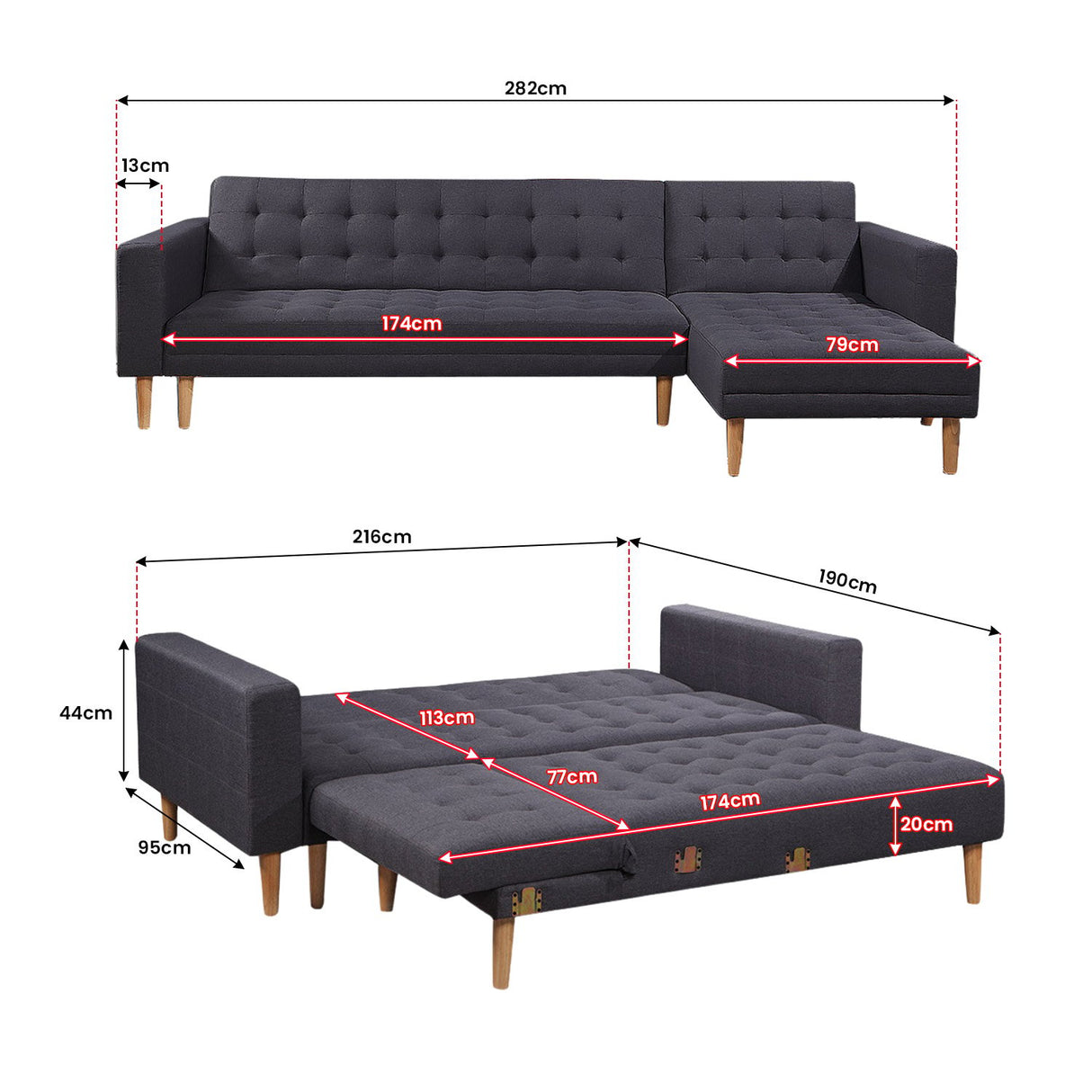 Sarantino Linen Fabric Corner Sofa Bed Couch Lounge w/ Chaise D.Grey