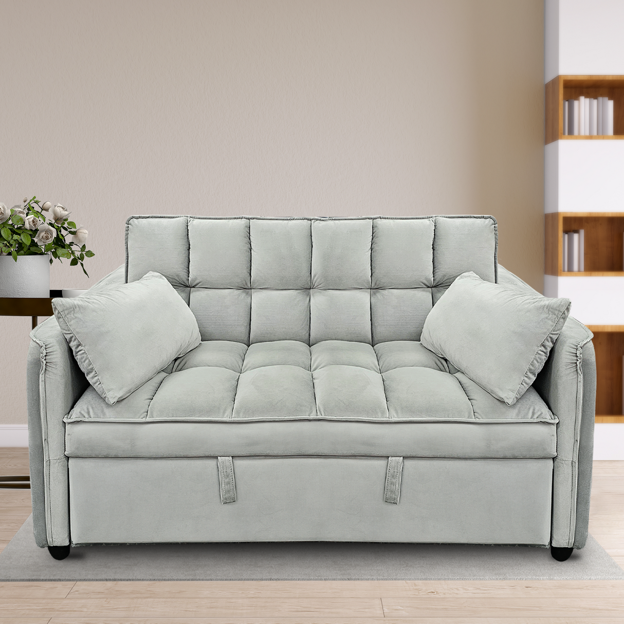 Sarantino Quincy 2-Seater Velvet Sofa Bed in Light Grey with Wooden Frame & Tufted Design