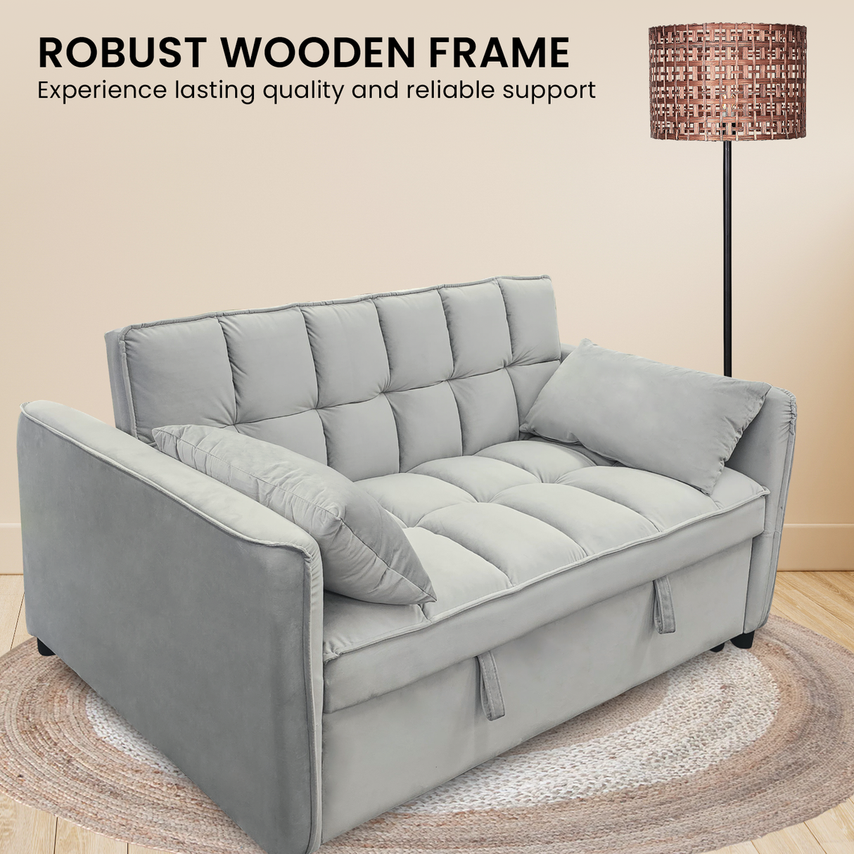 Sarantino Quincy 2-Seater Velvet Sofa Bed in Light Grey with Wooden Frame & Tufted Design