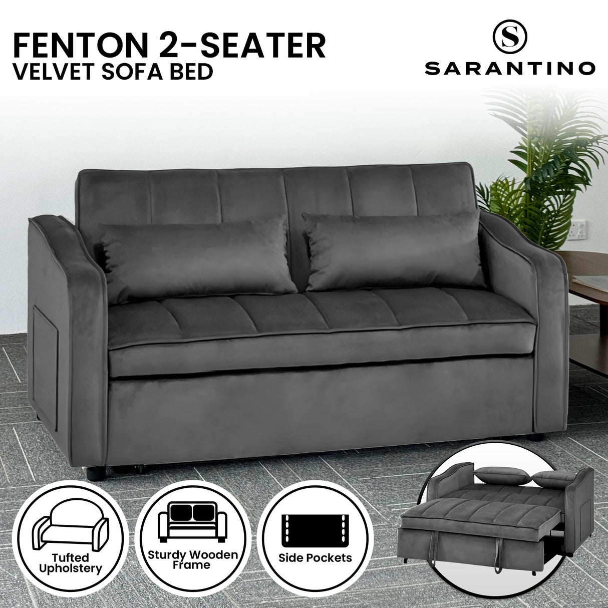 Sarantino Fenton Velvet 2-Seater Sofa Bed - Dark Grey