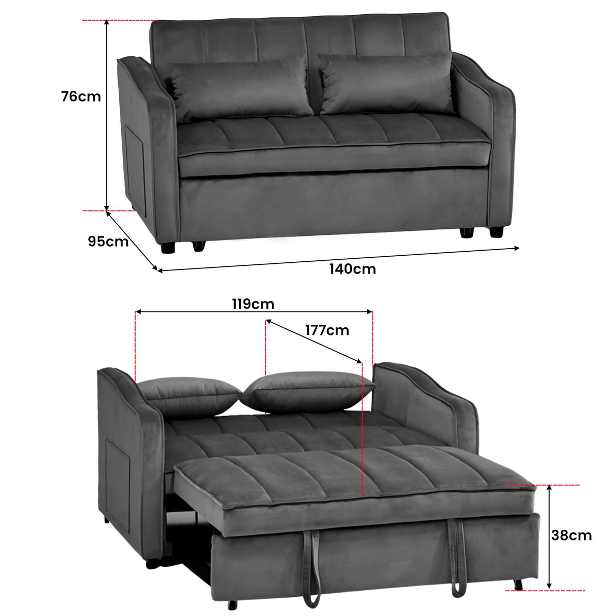 Sarantino Fenton Velvet 2-Seater Sofa Bed - Dark Grey