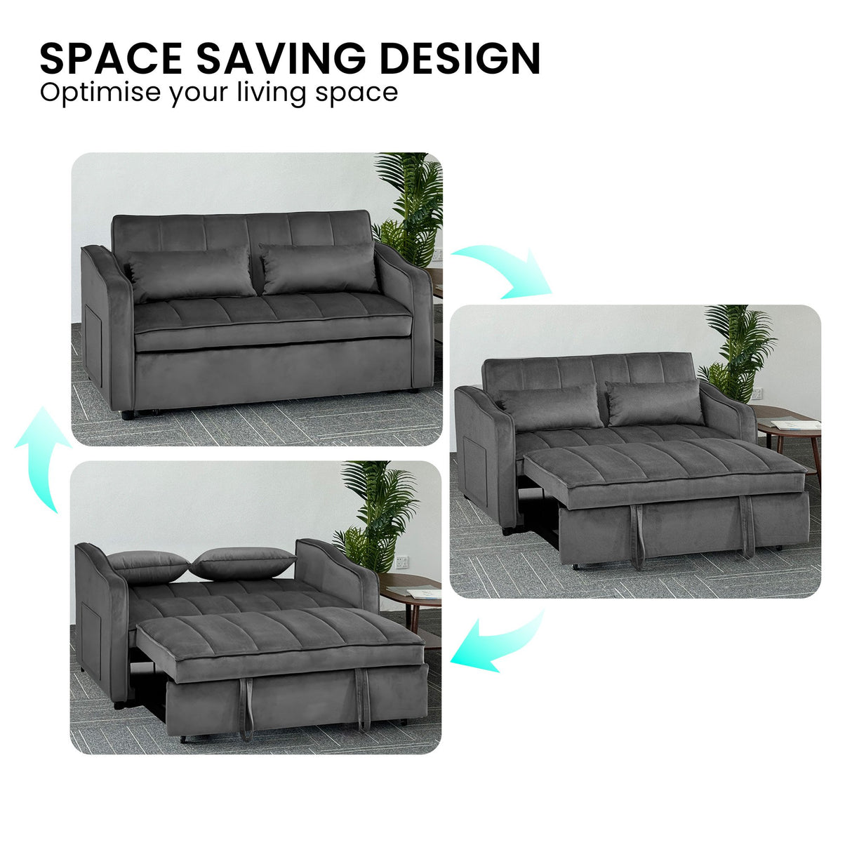 Sarantino Fenton Velvet 2-Seater Sofa Bed - Dark Grey